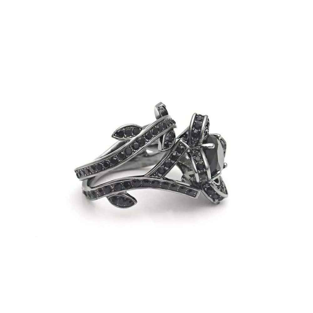 Black stone flower zirconia ring set - Picture 3 of 8